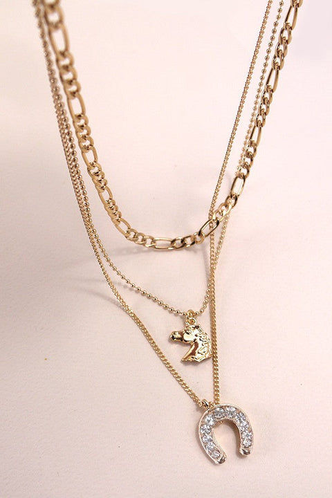 TRIO LAYERED HORSE CHARM HORSE SHOE NECKLACE | 80N877