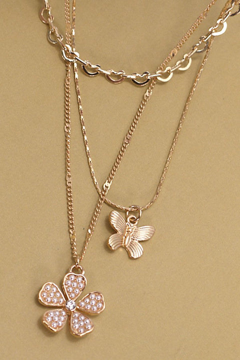 TRIO LAYERED BUTTERFLY FLOWER CHARM NECKLACE | 80N878