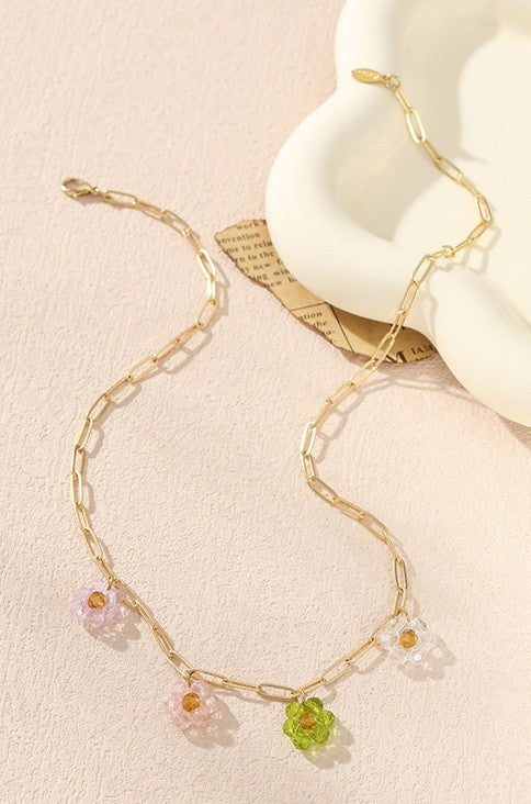 GLASS BEADED FLOWER LINK CHAIN NECKLACE | 40NK326