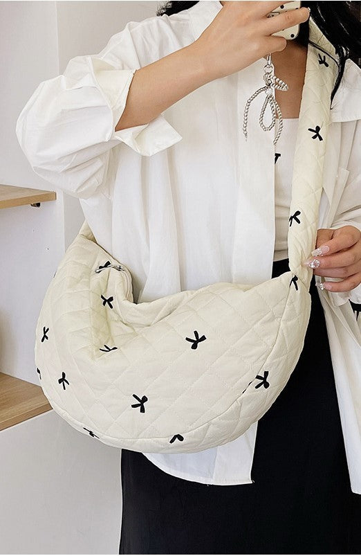 PUFFY QUILTED BOW COTTON HANDBAG SHOULDER BAG | 40P541