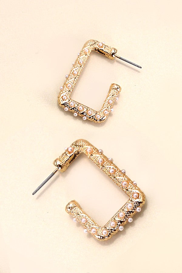 PEARL GOLD MIX RECTANGLE HOOP EARRINGS | 31E24892