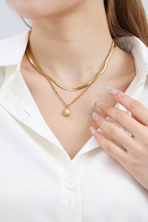 TITANIUM  STEEL NON-TARNISH PEARL GOLD NECKLACE | 40NK341