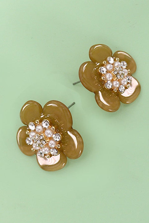 MULTI RHINSTEONE PEARL FLOWER ACRYLIC EARRINGS | 80E5346