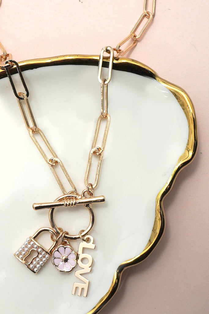CLUSTER CHARM LOCK FLOWER LOVE TOGGLE NECKLACE | 31N24128