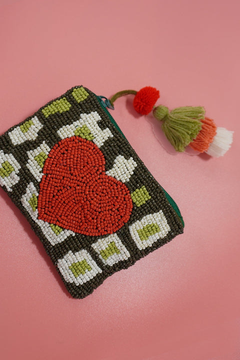 VALENTINE'S DAY RED HEART SEE BEAD COIN PURSE | 91CP898