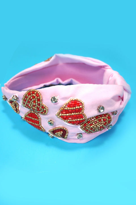 VALENTINE RED HEART PINK SEED BEADED HEADBAND | 91HB5711