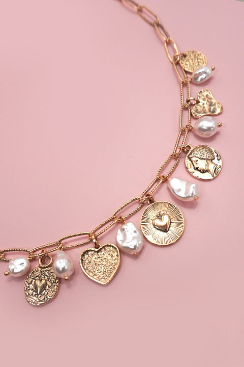 CHARM NECKLACE-HEART PEARL COIN CHARMS | 80N91402