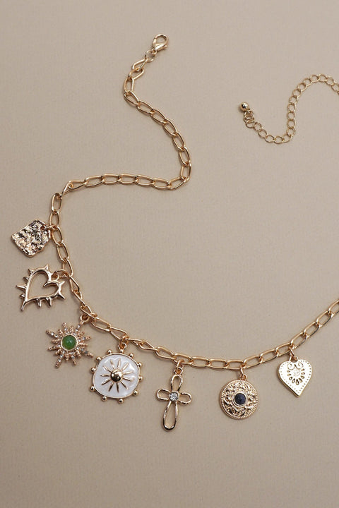 CHARM NECKLACE-HEART CROSS SUNBURST STONE | 80N91423