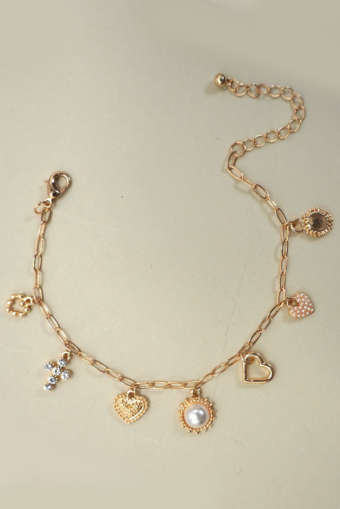 CHARM BRACELET-LINK CHAIN HEART PEARL CROSS CHARMS | 80B1310