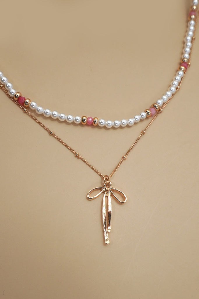 DOUBLE LAYER PEARL GOLD CHAIN BOW CHARM NECKLACE | 80N91473