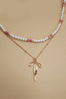 DOUBLE LAYER PEARL GOLD CHAIN BOW CHARM NECKLACE | 80N91473