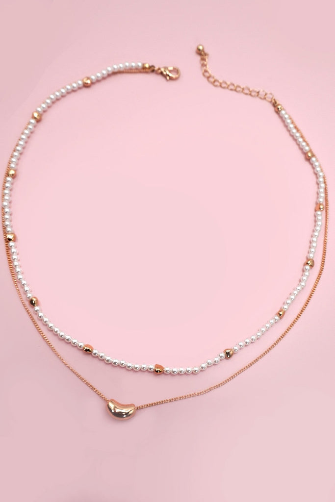 DOUBLE LAYER PEARL GOLD CHAIN BEAN CHARM NECKLACE | 80N91459