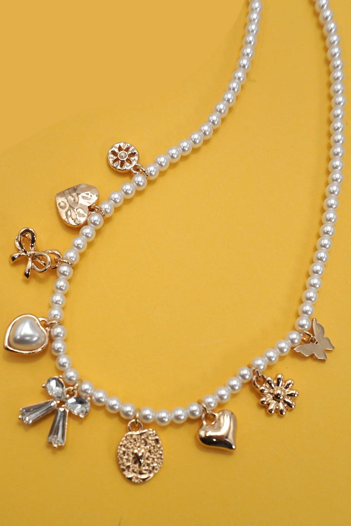 CHARM NECKLACE-BOW SUNFLOWER HEART PEARL CHAIN | 80N91452