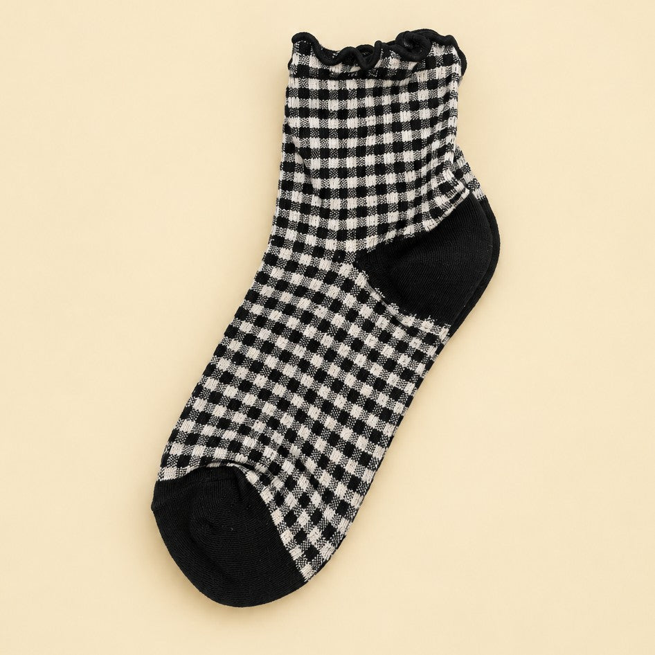 Vintage Gingham Plaid Lettuce Trim Crew Socks | 40S02098