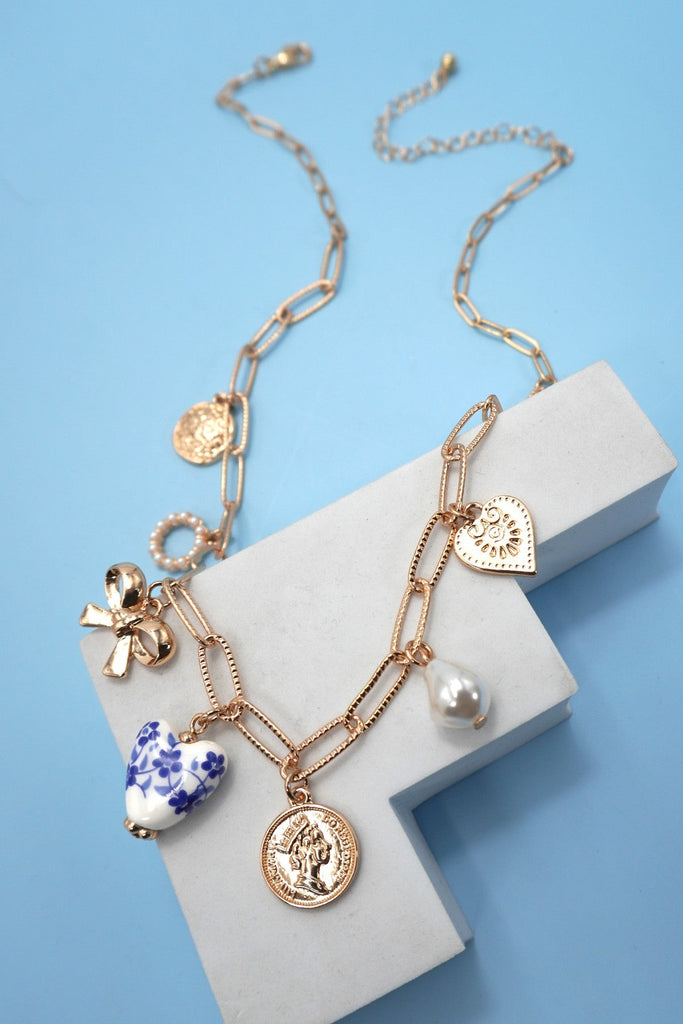 CERAMIC PORCELAIN BOW HEART CHARM LINK NECKLACE | 80N91547