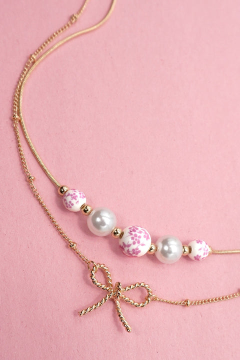 PINK CERAMIC PORCELAIN PEARL BOW LAYER NECKLACE | 80N91556