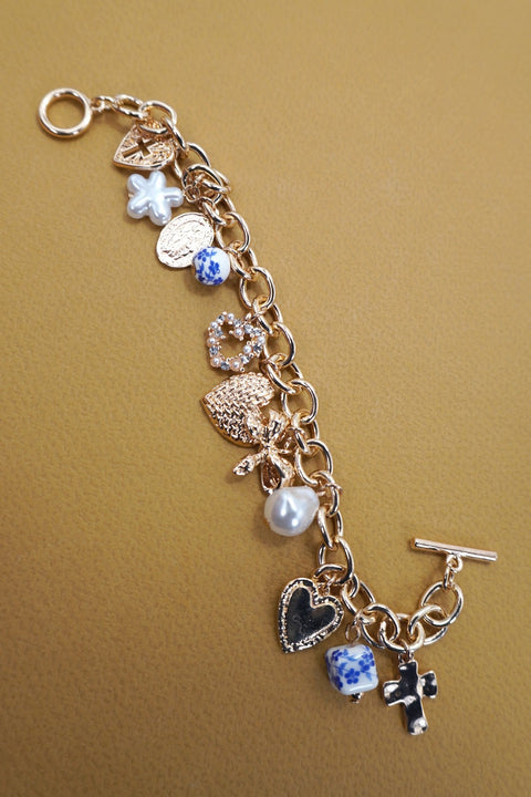 CERAMIC PORCELAIN HEART BOW PEARL CHARM BRACELET | 80B1342