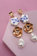 BLUE CERAMIC PORCELAIN  GOLD PEARL DROP EARRINGS | 80E6455