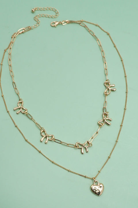 DOUBLE LAYER MULTI BOW WITH HEART CHARM NECKLACE | 80N91660