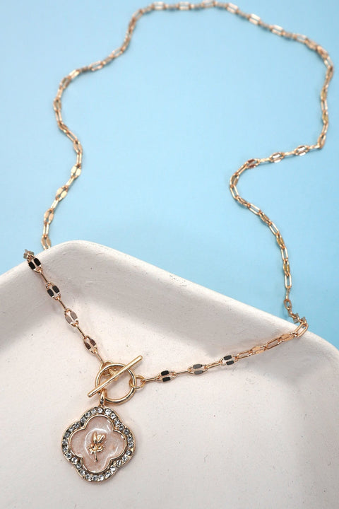 RHINESTONE ROSE FLOWER PEARL CHARM TOGGLE NECKLACE | 80N9201