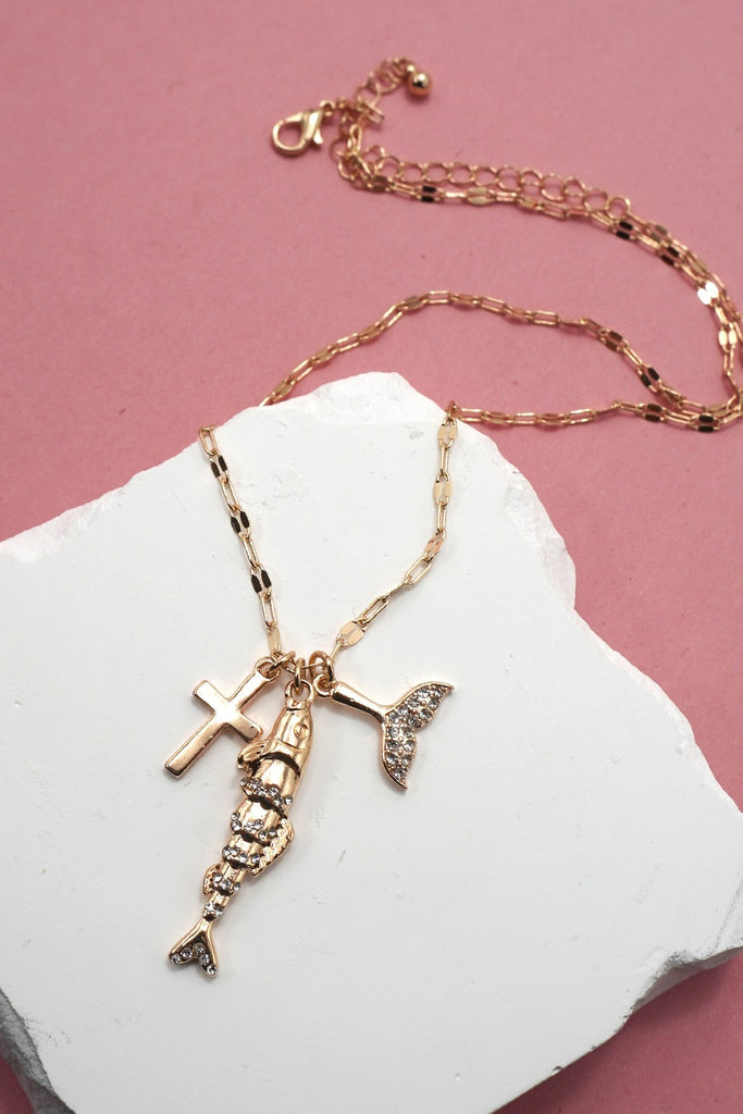 SEA LIFE GOLD RHINESTONE FISH CHARM NECKLACE | 80N92117