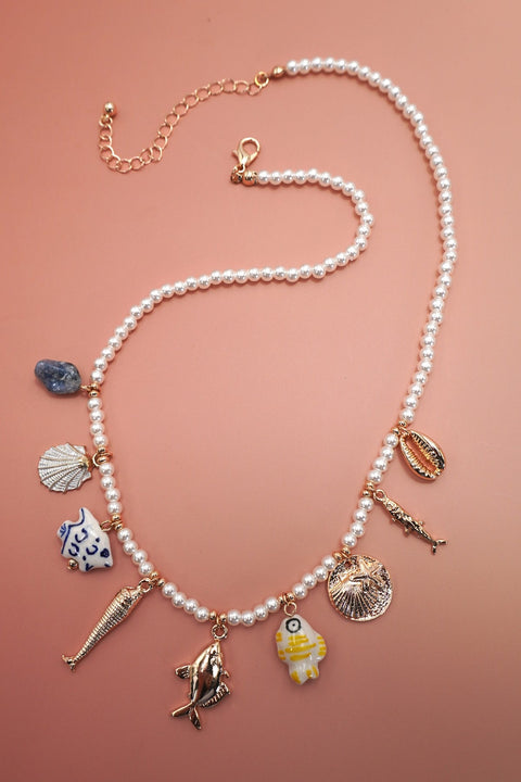 CHARM NECKLACE-PORCELAIN SHELLS FISH NATURAL STONE | 80N92147