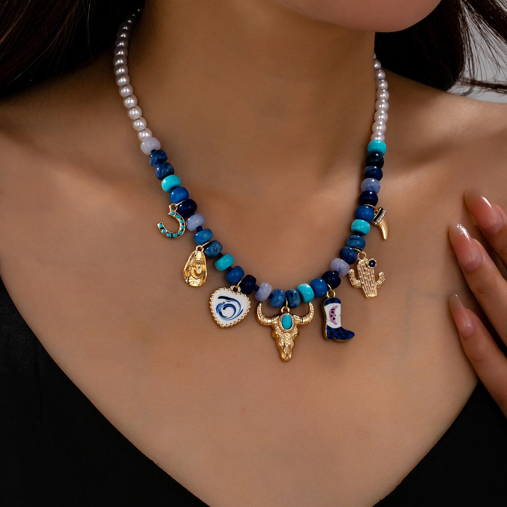 Western Coastal Blue Beaded Multi-Charm Necklace | 80N93912