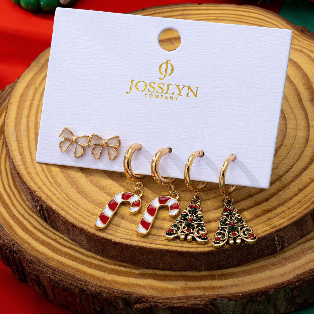 Holiday Bow Candy Cane & Tree Trio Earring Set | 80E63585