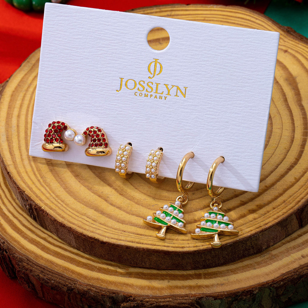 Holiday Santa Hat Pearl & X-mas Tree Earring Set | 80E63582