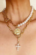 MULTI LAYER MIX PEARL CROSS COIN CHARM NECKLACE | 40NK9597