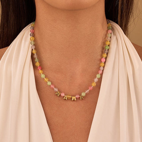 STAINLESS STEEL MAMA NATURAL STONE BEADED NECKLACE|40NK9810