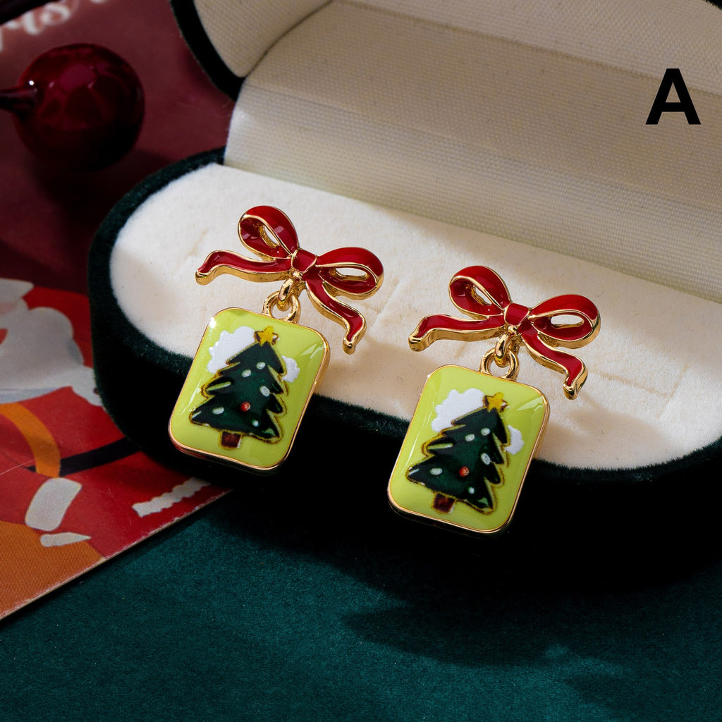 Holiday Enamel Bow & Christmas Charm Drop Earrings|80E63590