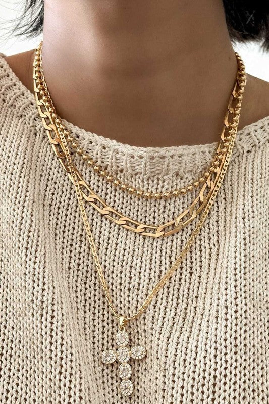 RHINESTONE CROSS MULTI LAYER NECKLACE | 40NK9608