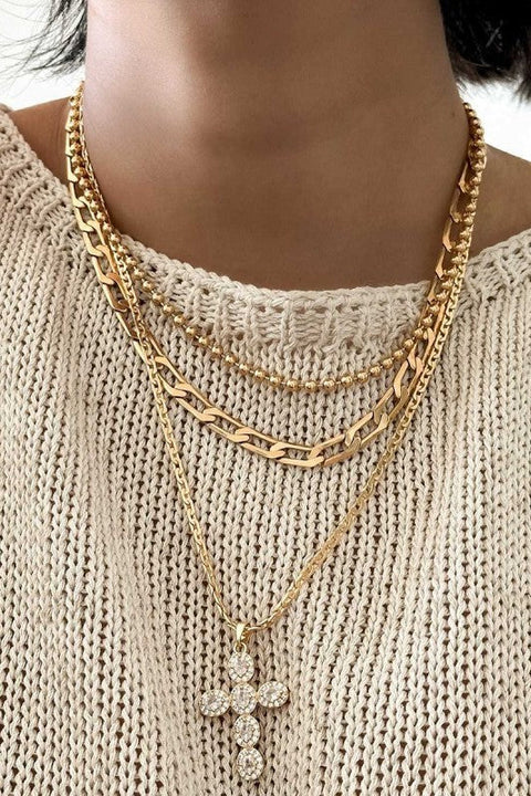 RHINESTONE CROSS MULTI LAYER NECKLACE | 40NK9608