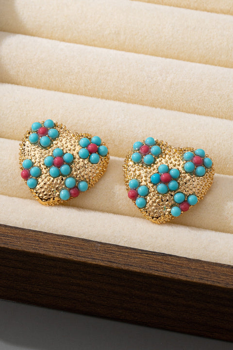MULTI FLORAL TURQ HEART STUD EARRINGS | 80E61525