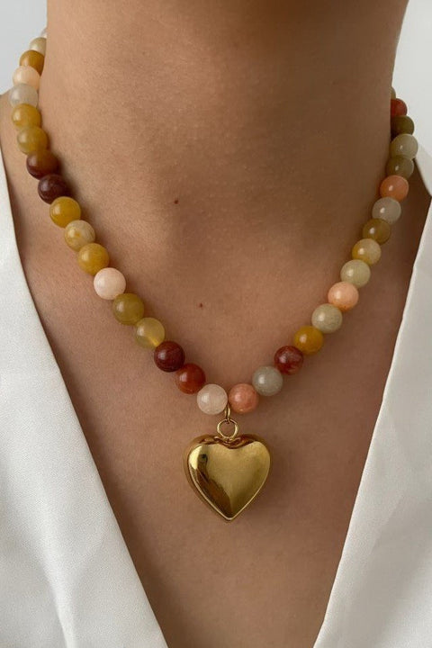 MULTI EARTHY NATURAL STONE HEART CHARM NECKLACE | 40NK9629