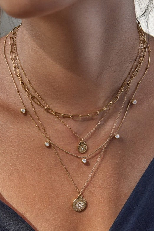 MULTI LAYER STONE CHAIN TEARDROP CHARM NECKLACE | 40NK9633
