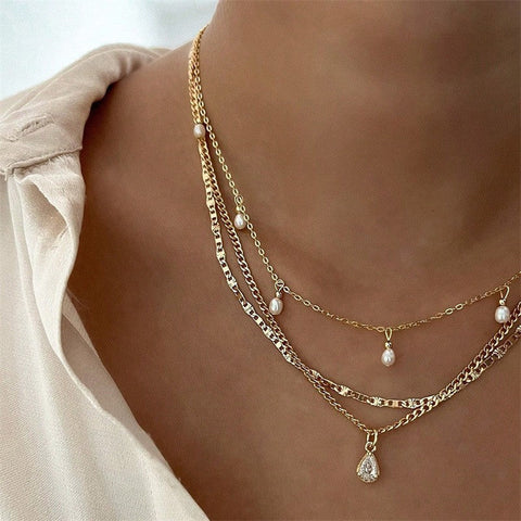 MULTI LAYER STONE CHAIN TEARDROP CHARM NECKLACE | 40NK9637