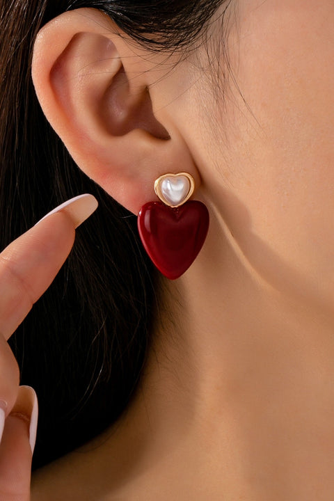 DOUBLE HEART PEARL RED HEART DROP EARRINGS | 80E61544