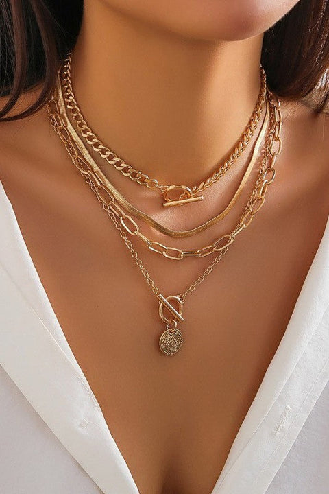 MULTI LAYER TOGGLE HERRINGBONE COIN CHARM NECKLACE | 40NK9651