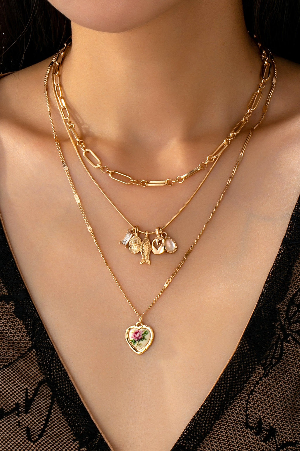 Porcelain Heart Multi Charm Pendant Necklace | 80N92663