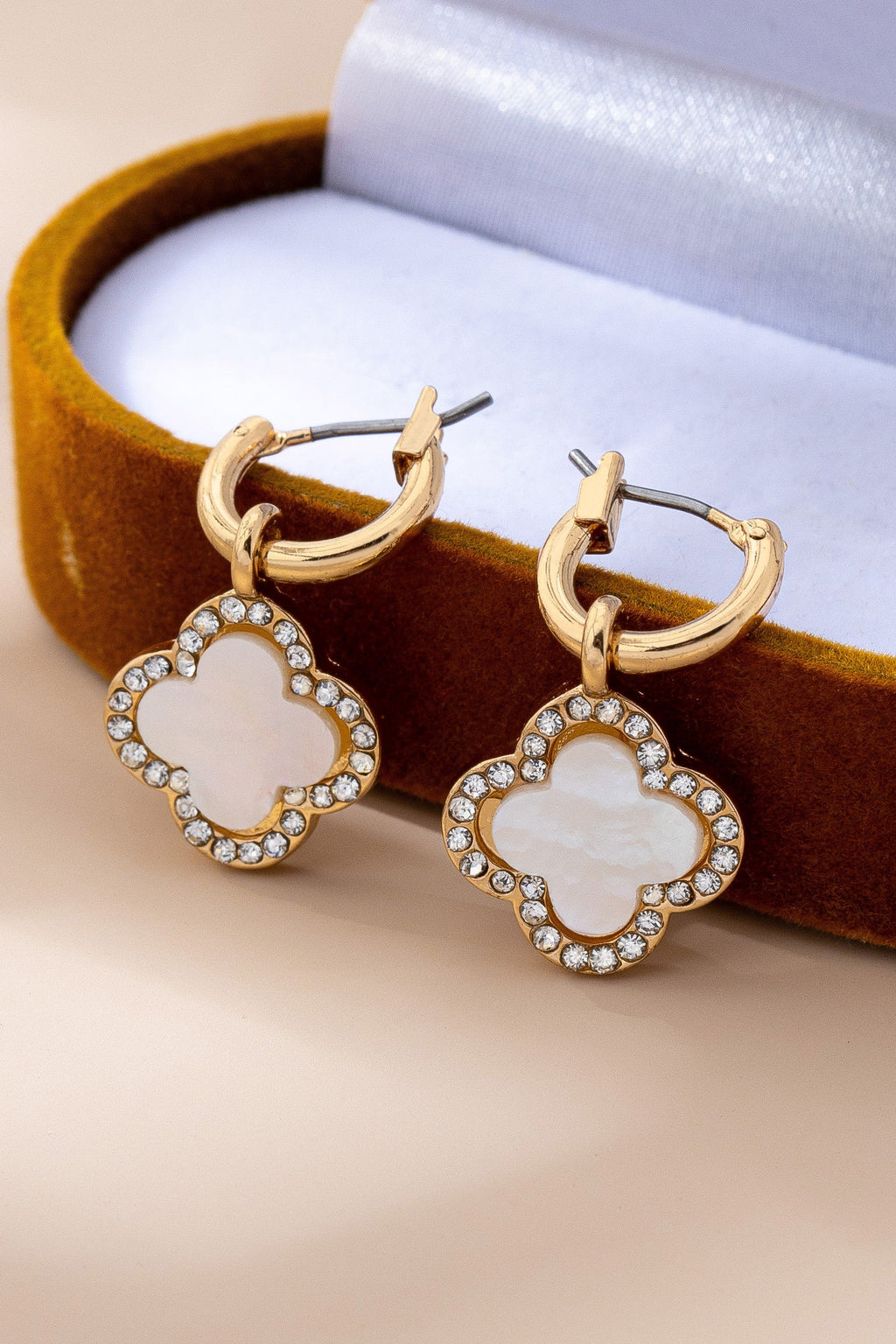 MOP Rhinestone Clover Drop Hoop Earrings | 80E61604