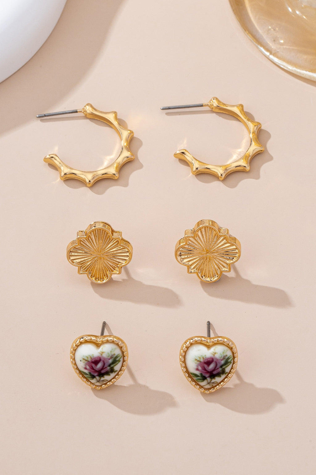 Floral & Textured Gold Stud Earring Set | 80E61663