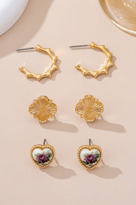 Floral & Textured Gold Stud Earring Set | 80E61663
