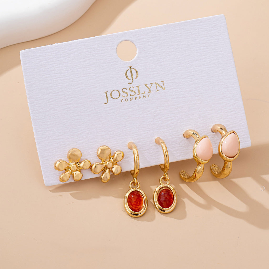 Gold Floral & Gem Drop Hoop Trio Earring Set | 80E61756