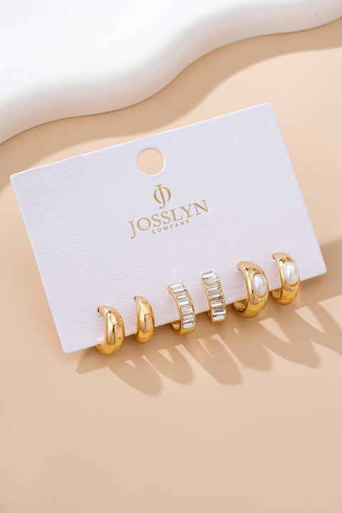 Pearl & Baguette Huggie Hoop Trio Earring Set | 80E61741