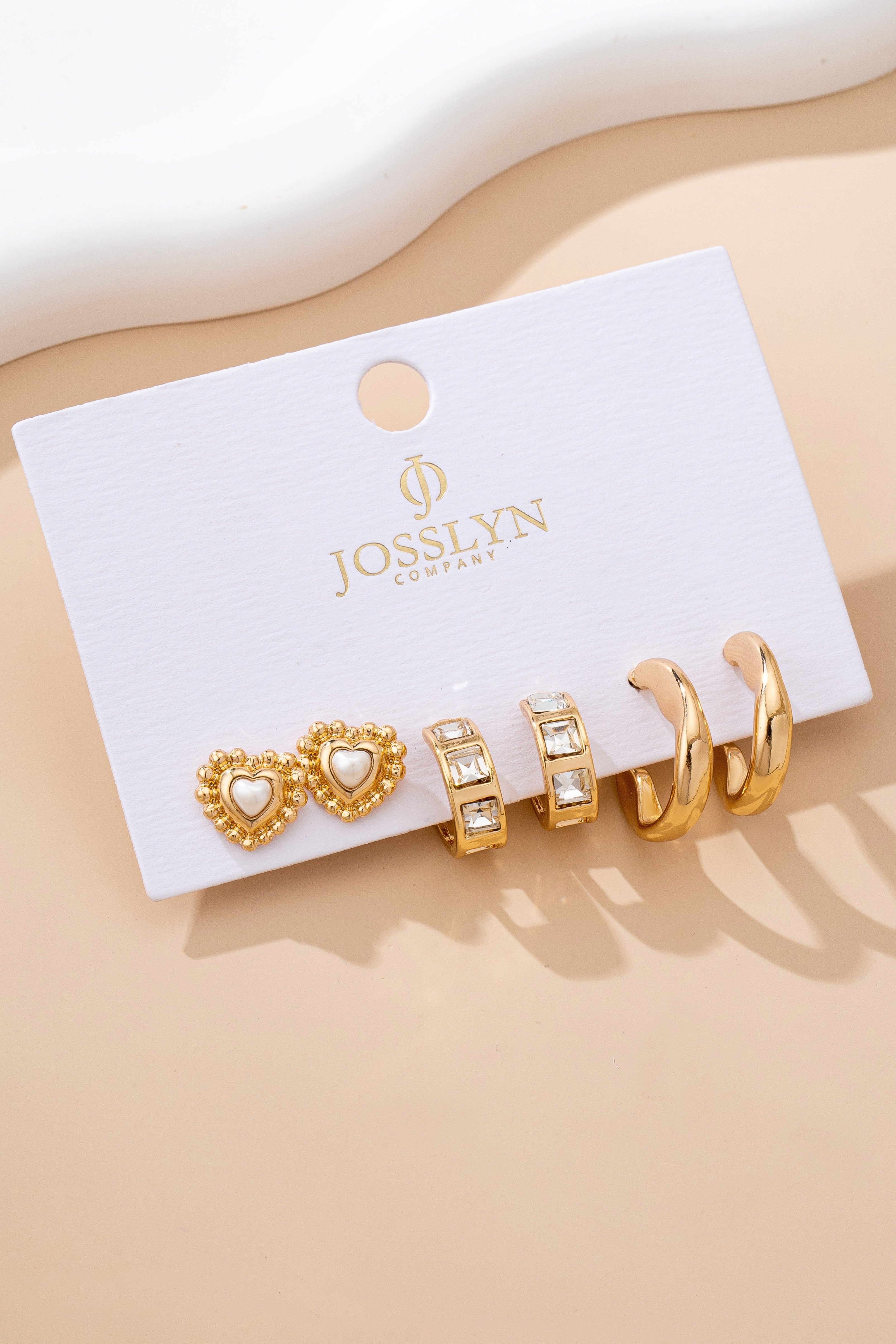 Pearl Heart & Rhinestone Huggie Hoop Trio Earring | 80E61757