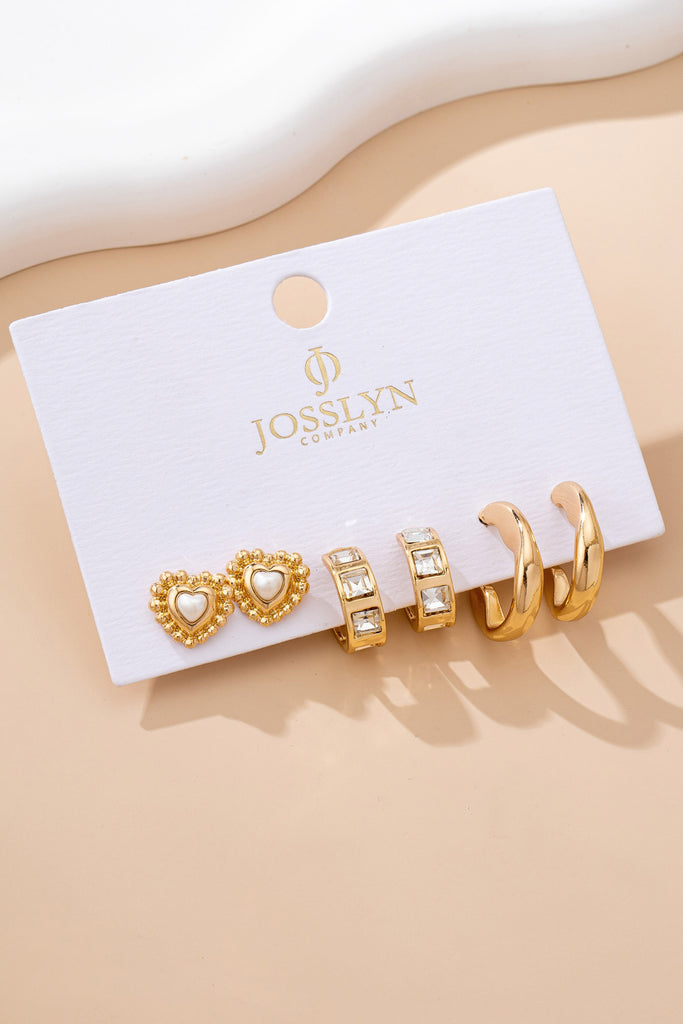 Pearl Heart & Rhinestone Huggie Hoop Trio Earring | 80E61757