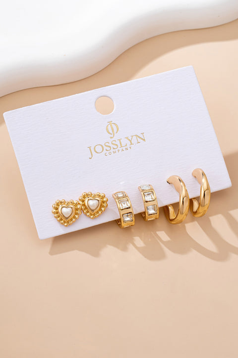 Pearl Heart & Rhinestone Huggie Hoop Trio Earring | 80E61757