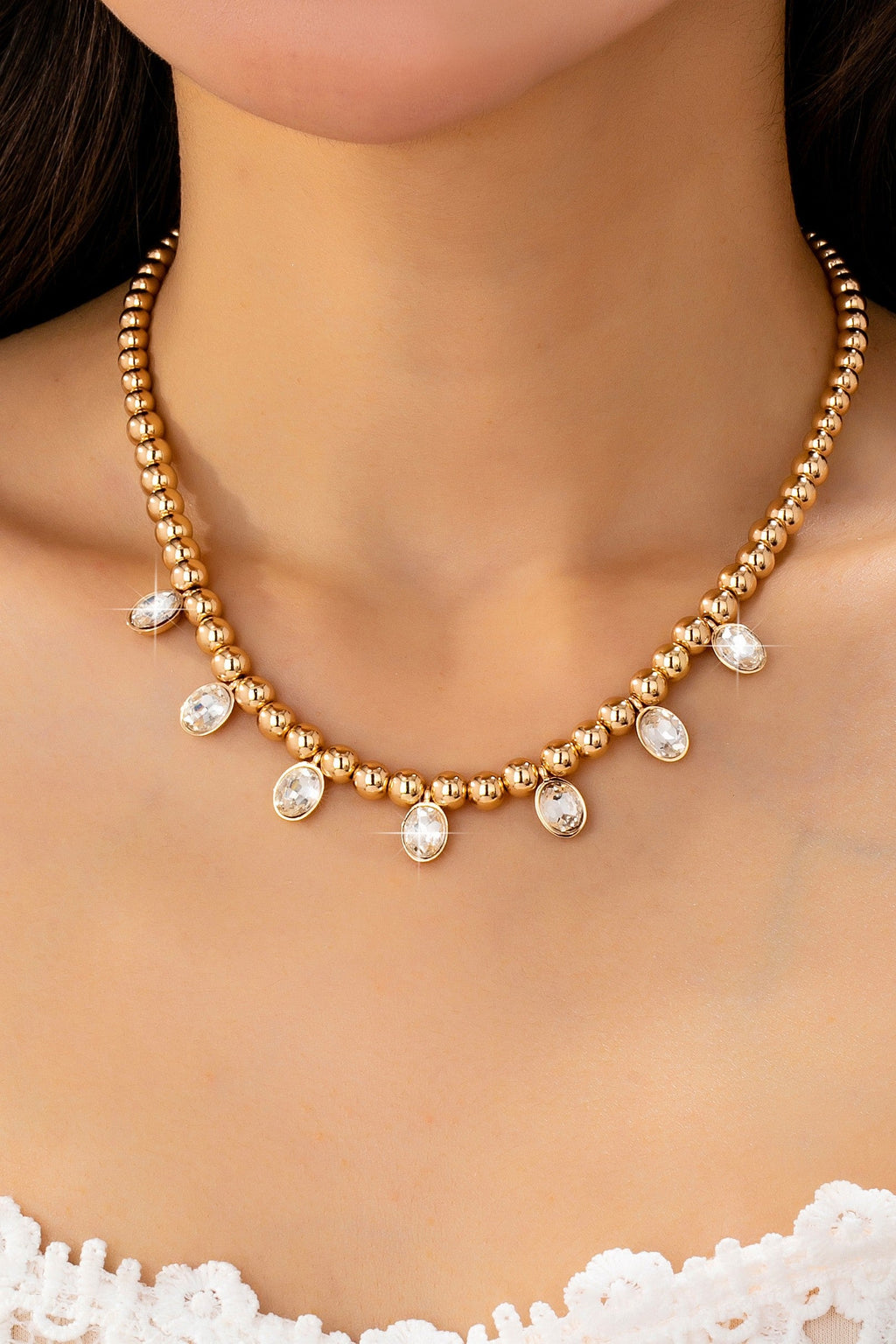 Oval Stone Beaded Ball Chain necklace | 80N92776